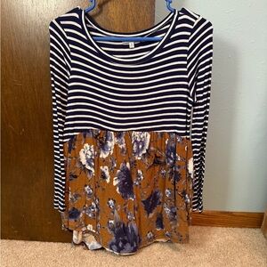 White Birch Navy Striped and Floral Long Sleeve Top